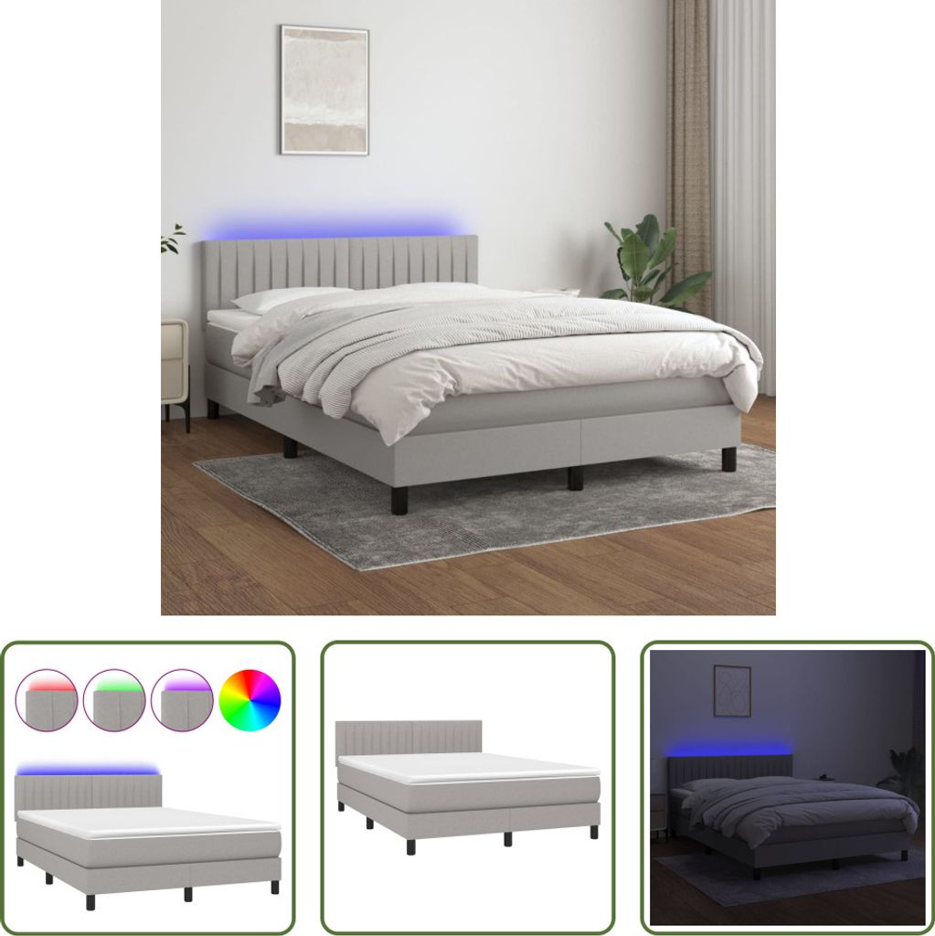 The Living Store Boxspringbett mit Matratze & LED Hellgrau 140x190 cm Stoff