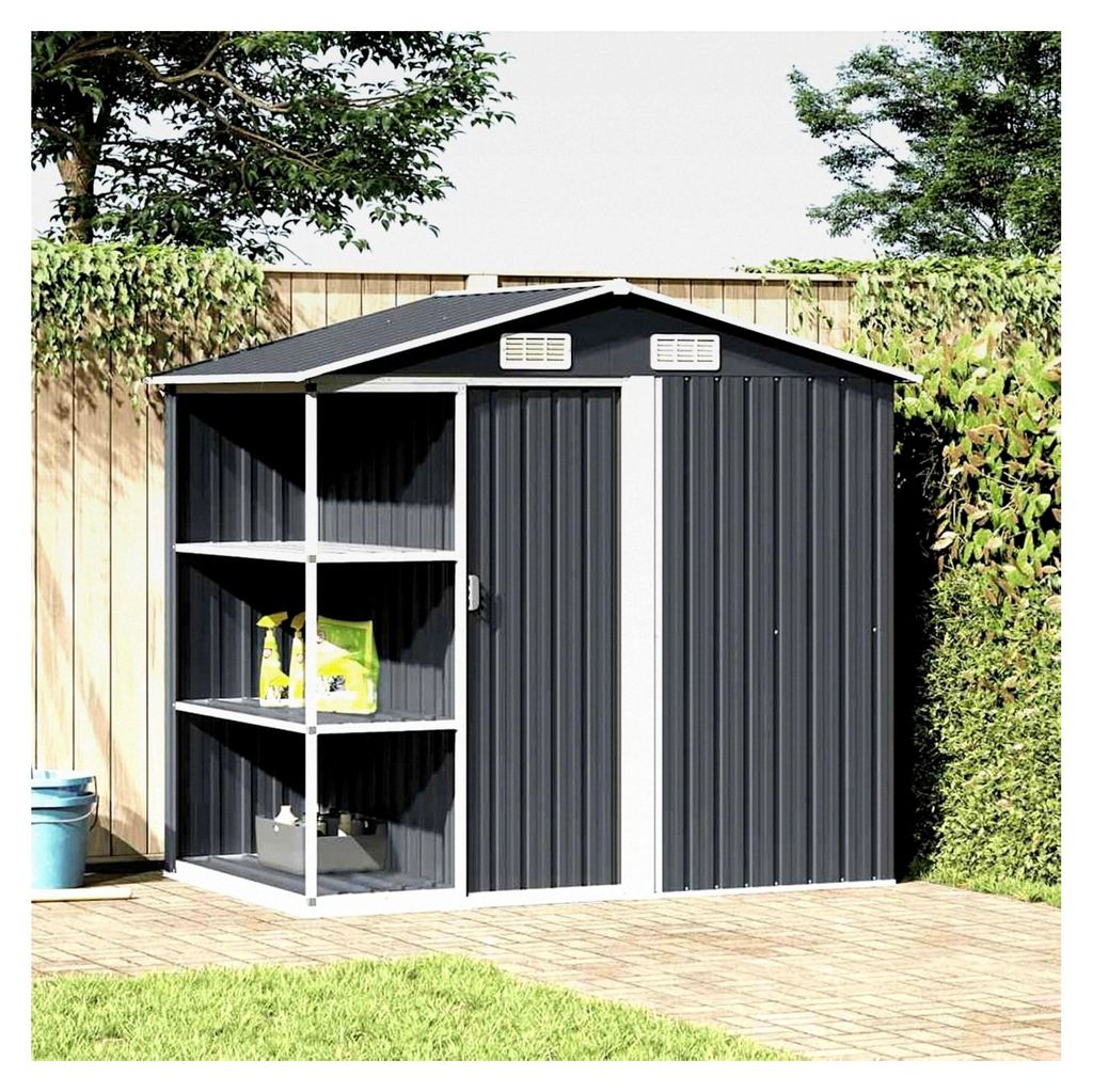 Gartenhaus mit Regal in Anthrazit 205x130x183 cm für Gartengeräte und Haushaltsgegenstände