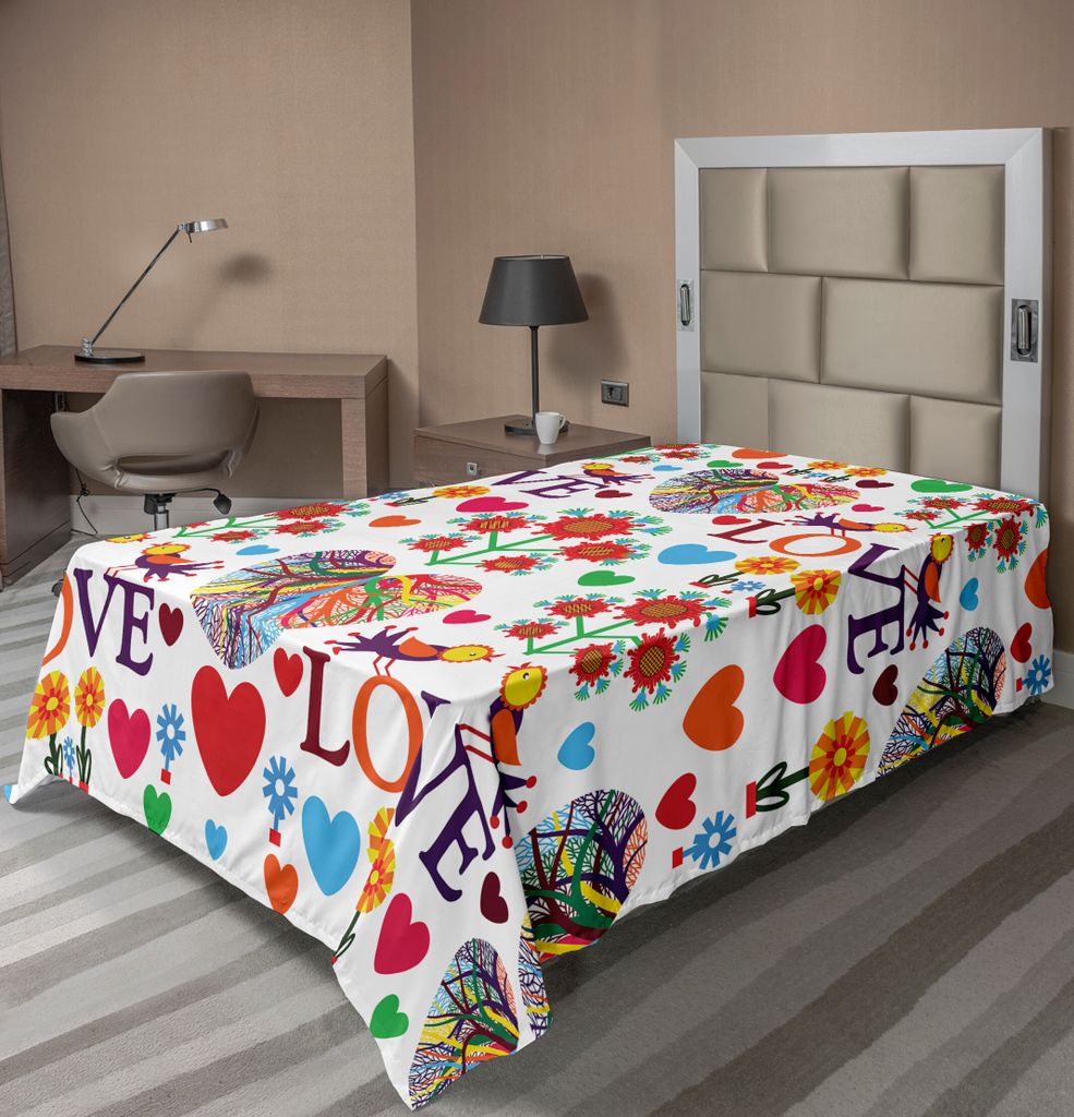 ABAKUHAUS Liebe Bettlaken, Bunte Romantische Muster Vogel Herzen Kreative Aufwändige Design Traditionelle Kunst, weiches bequemes oberes Bettlaken...
