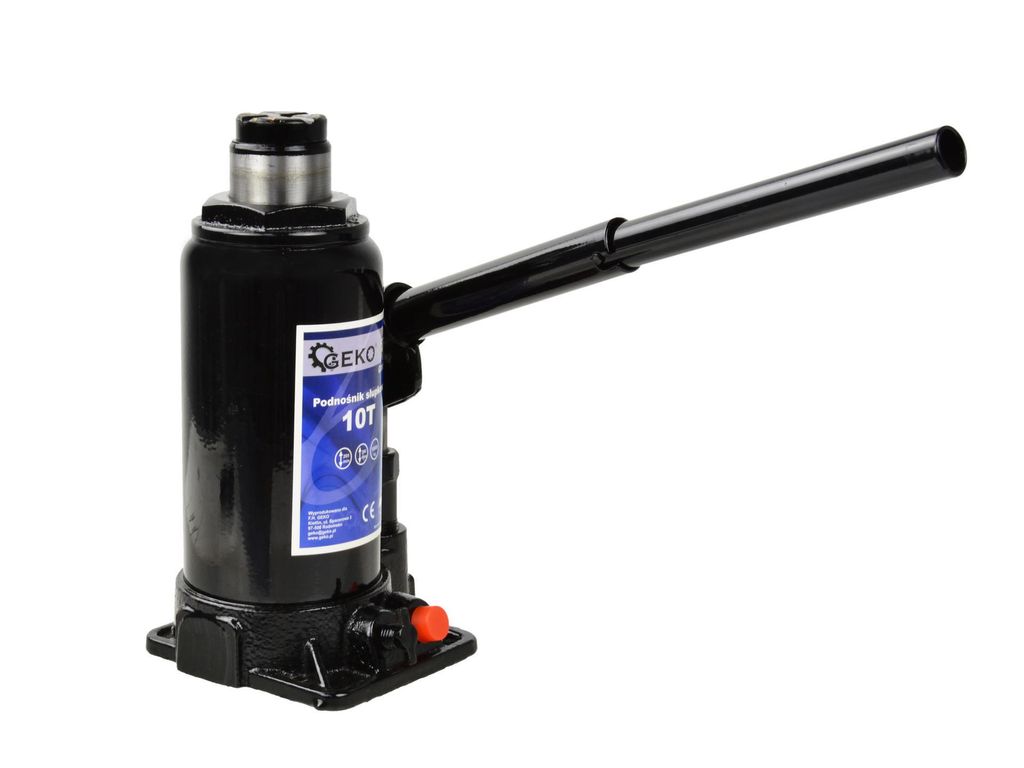 A black hydraulic bottle jack with a silver lifting ram and a black handle, shown on a white background.