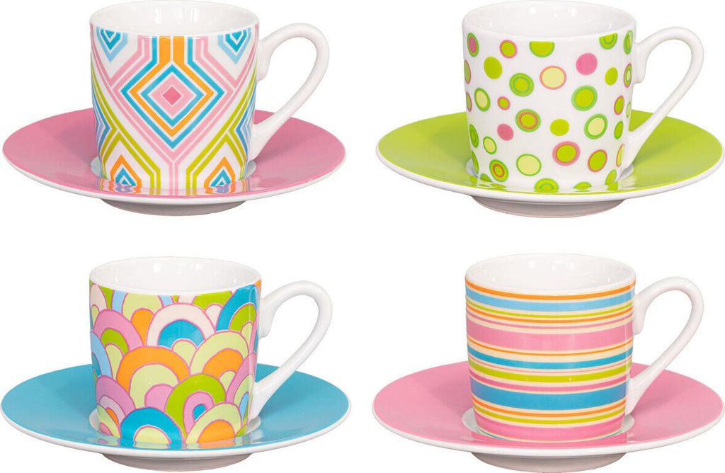 tea4chill Könitz Espresso Tassen Set Spring Time. 4 Kaffeetassen 65ml aus Fine Bone China Porzellan. Espressotassen modern, bunt