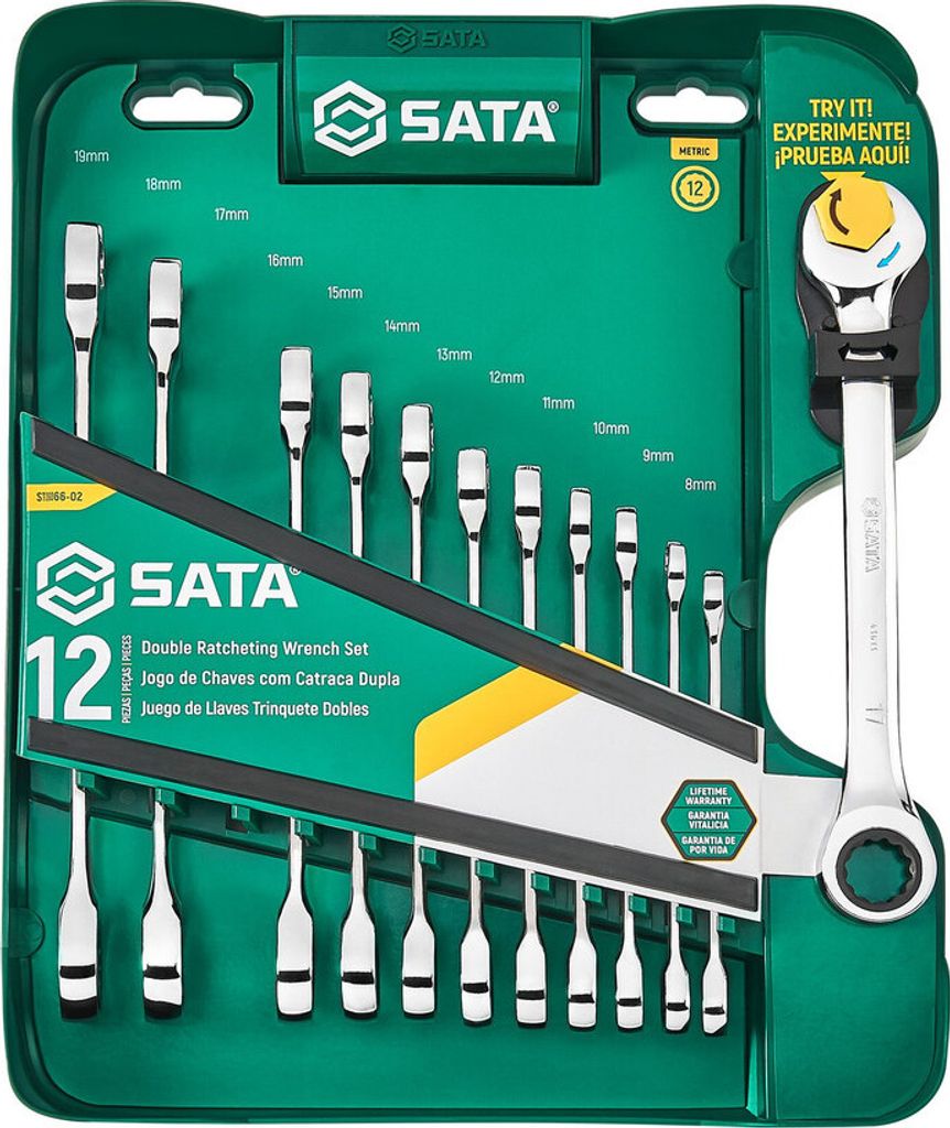 A set of SATA brand double ratcheting wrench tools is displayed in a green plastic case.