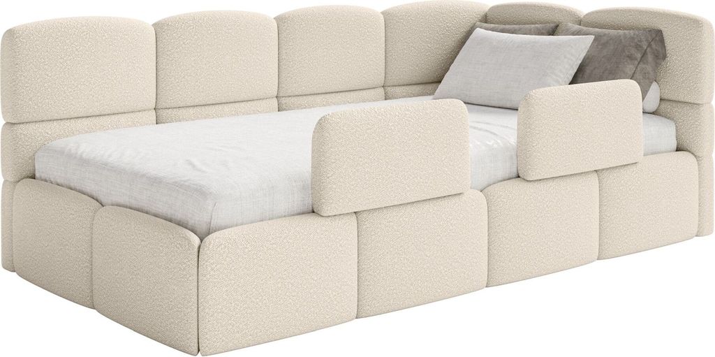 Selsey Cloudy – Jugendbett 90x200 cm, rechtsseitig, mit Bouclé-Bezug und Rausfallschutz, Hellbeige