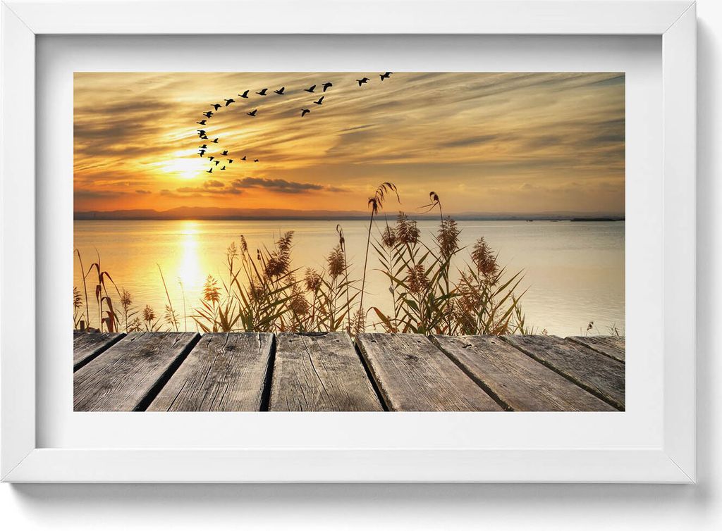 Pier bei Sonnenuntergang– Wandbild mit Rahmen – Gerahmtes Bild – Wanddekoration – 30x20 cm – Weiß Rahmen