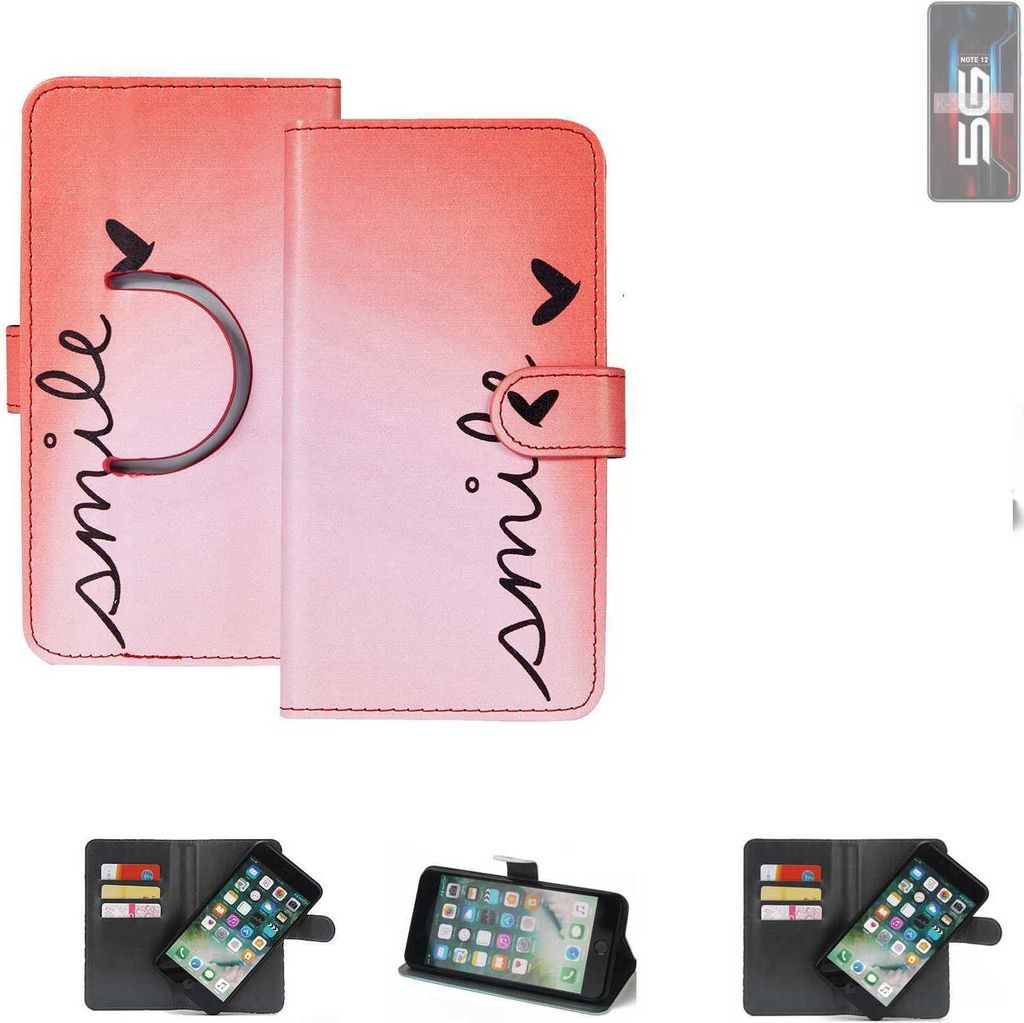 K-S-Trade Schutzhülle Handyhülle kompatibel mit Infinix Note 12 5G Hülle cover bookstyle Etui ''smile'' rot Standfunktion Kameraschutz (1Stk)