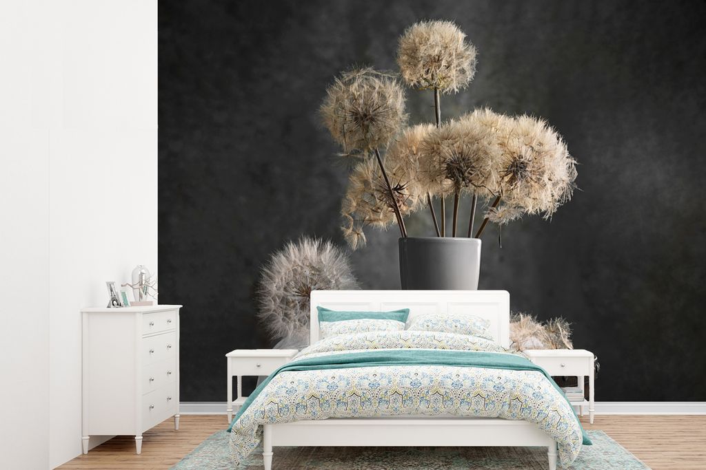 MuchoWow Fototapete für Wohnzimmer oder Schlafzimmer Wandtapete Vinyl Motivtapete Stilleben Löwenzahn im Blumentopf - 330x240 cm - Vinyltapete