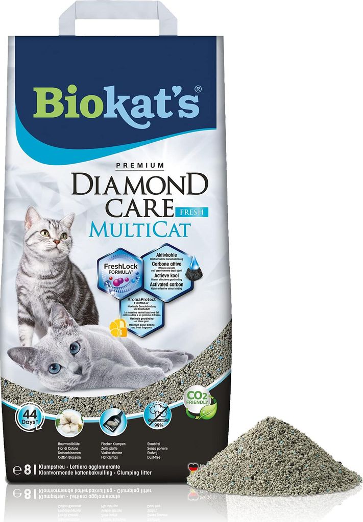 Biokat's Diamond Care MultiCat Fresh Katzenstreu mit Duft - Feine Klumpstreu aus Bentonit mit Aktivkohle speziell für Mehrkatzen-Haushalte - 1 Sac...