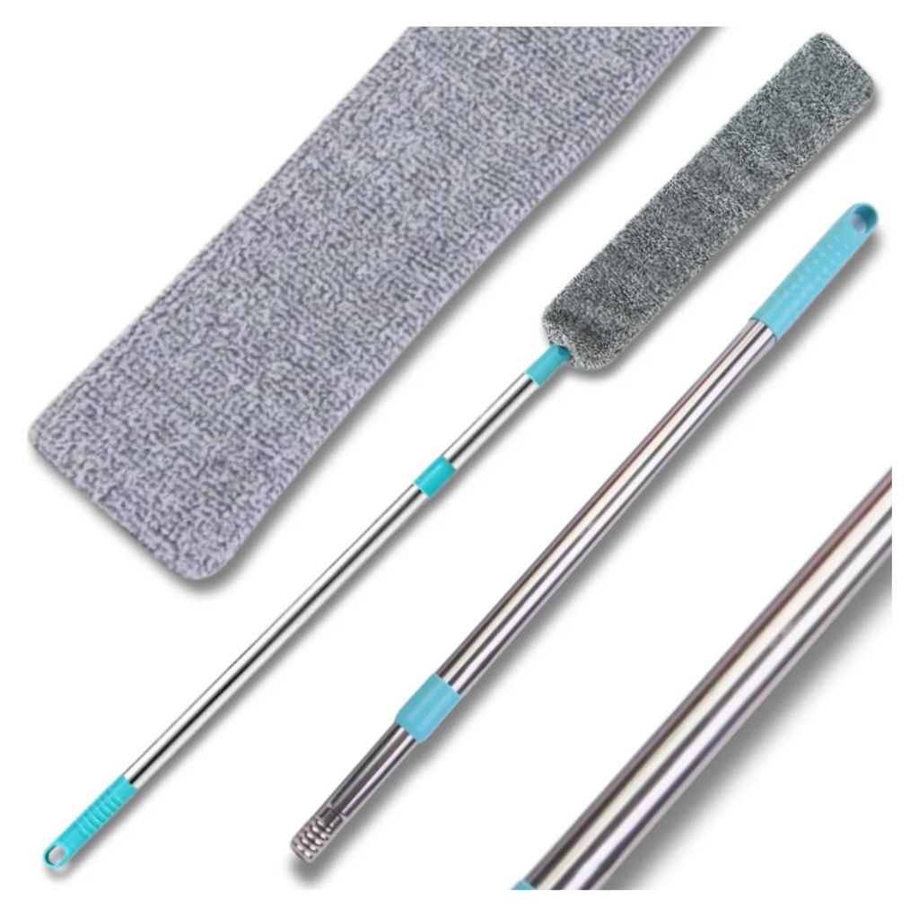 A cleaning brush with a telescopic handle and a microfiber cloth.