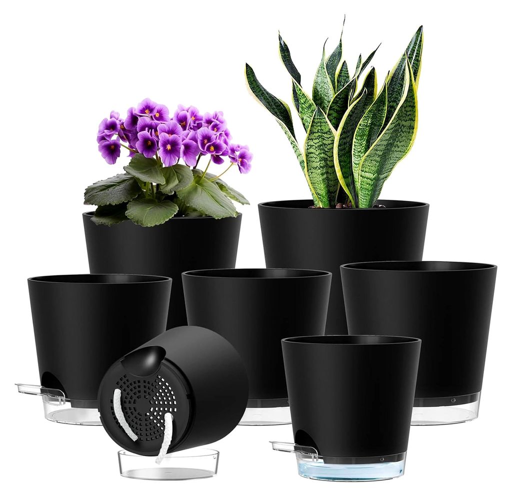 7er Set Selbstbewässerungstöpfe, 20/17,6/16,3/15/13,8/12,5/10,2 cm Kunststoff mit Abflusslöchern und transparentem Wasserreservoir, sichtbare Wa...