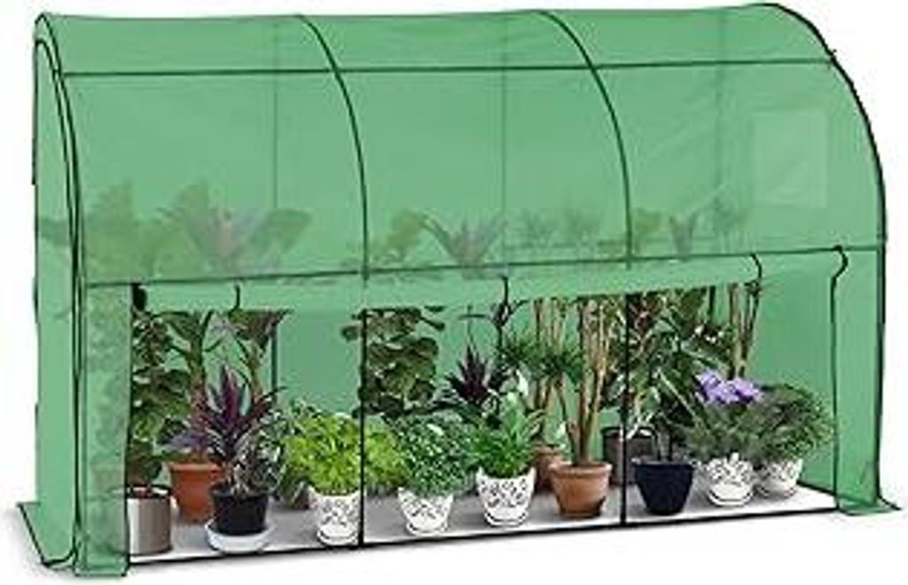 Gewächshaus Foliengewächshaus, Anlehngewächshaus mit Seitenwände Aufrollbar, Tomatengewächshaus Winterfest Stabil, 300x100x180cm Grün