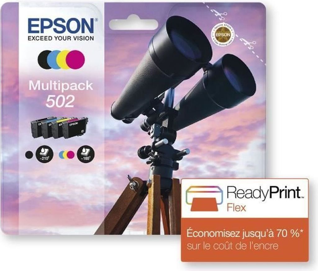 Packaging for Epson 502 ink multipack with a telescope image.