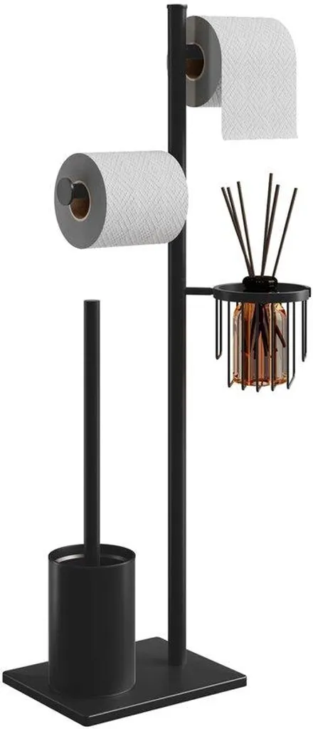 Serviteur WC combiné 2-en-1 en inox noir avec porte-rouleau et brosse