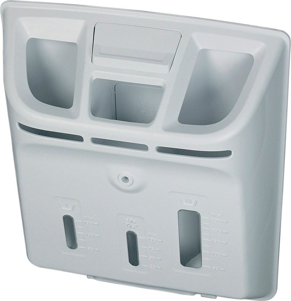 A white plastic detergent dispenser for a washing machine.
