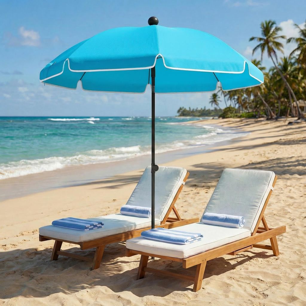 Sonnenschirm Strand faltbar wasserabweisend, Strandschirm, Polyester, Blau | Ø 150 cm | Sandanker + Neigung verstellbar | 1,5 kg