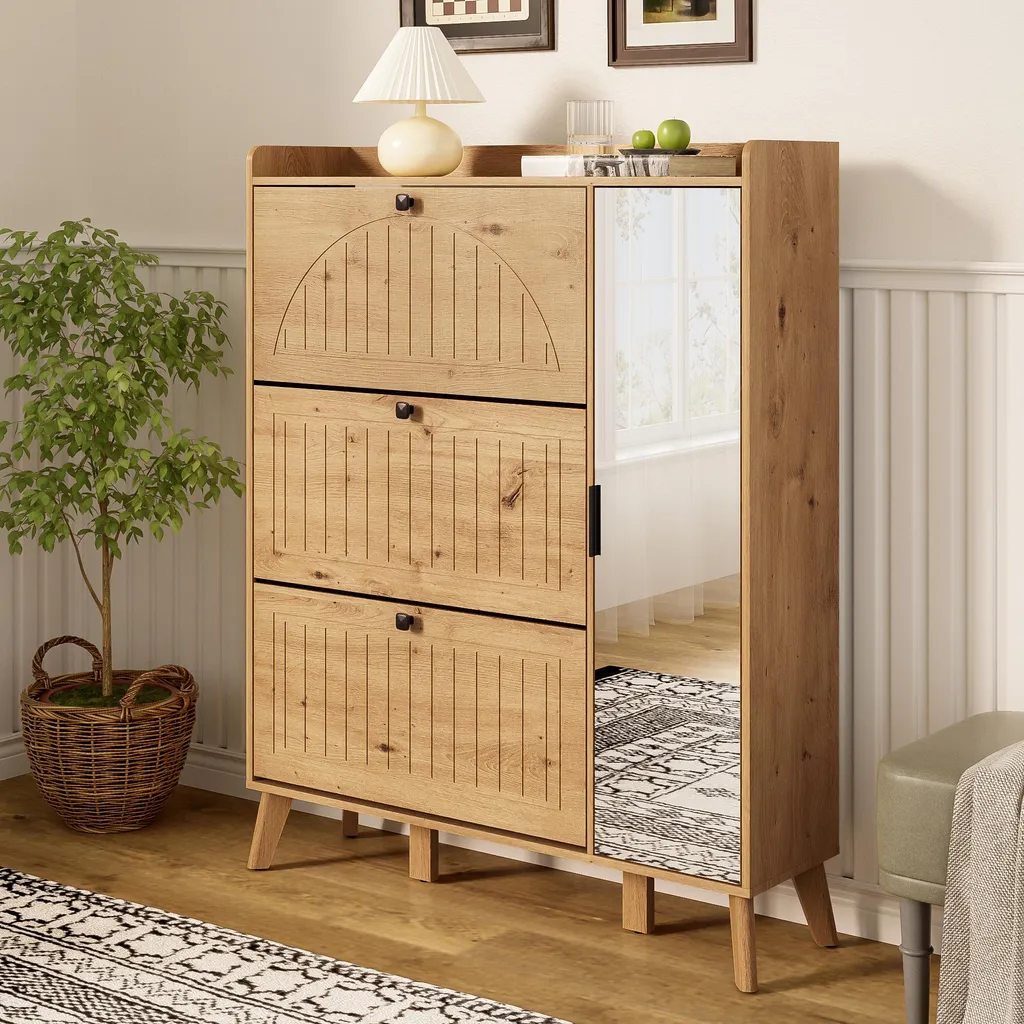 Armoire à chaussures gain de place en bois avec miroir et 3 abattants