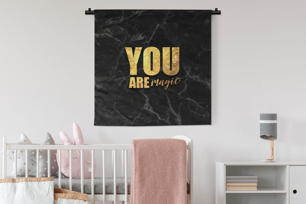 MuchoWow Wandteppich Wandbehang Zitate - Magie - Gold - Marmor 90x90 cm Tapisserie Dekoration Wandtuch - Wandaufhänger
