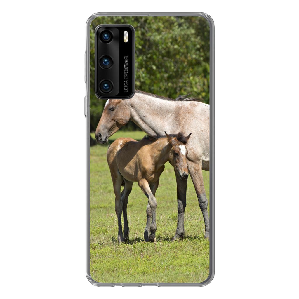 MuchoWow Handyhülle Schutzhülle Hülle für Huawei P40 Pferde - Gras - Schatten Silikon Softcase Handy Hülle - Handytasche