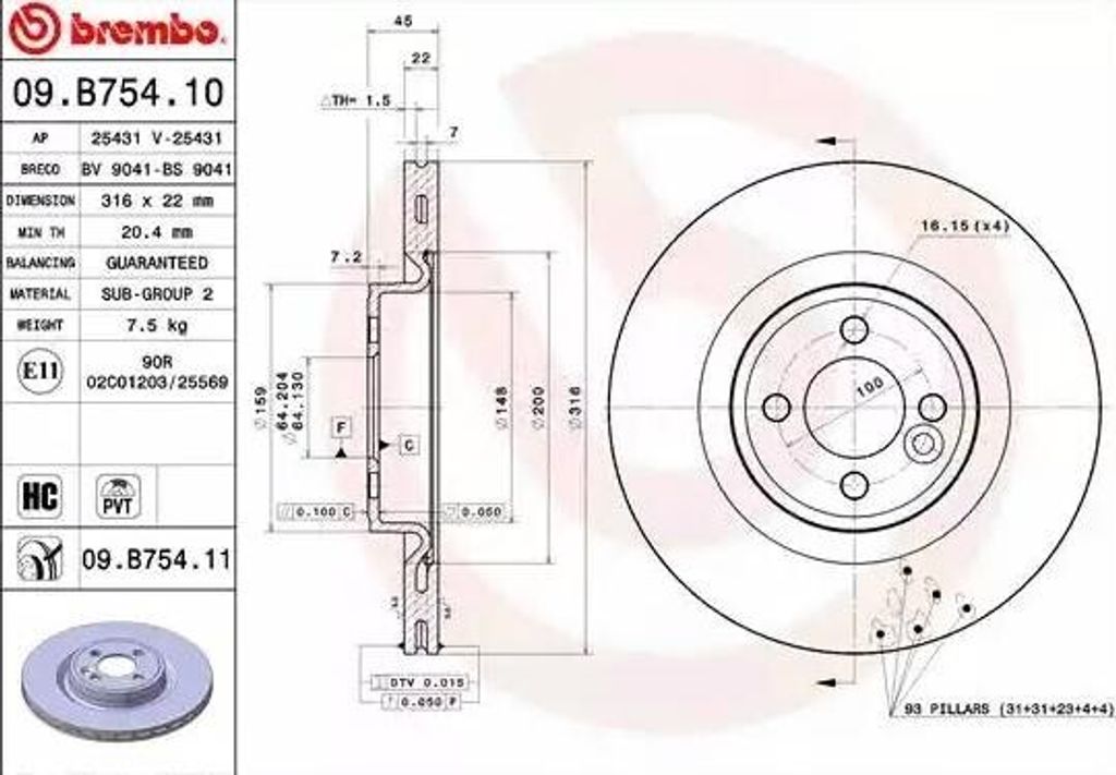 2x BREMBO Bremsscheibe 09.B754.11 für MINI Schrägheck (R56) Produktbild 
