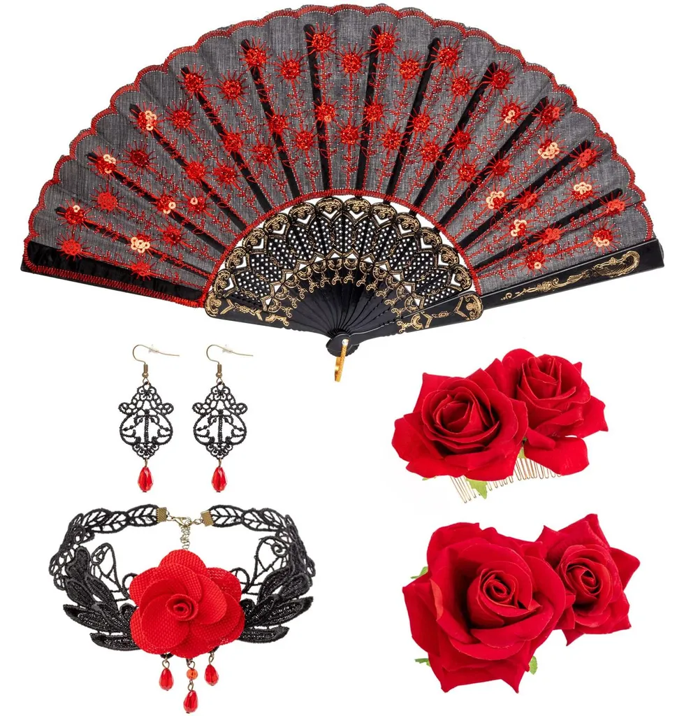 Barrette à cheveux rose en tissu ajouré avec éventail pour flamenco