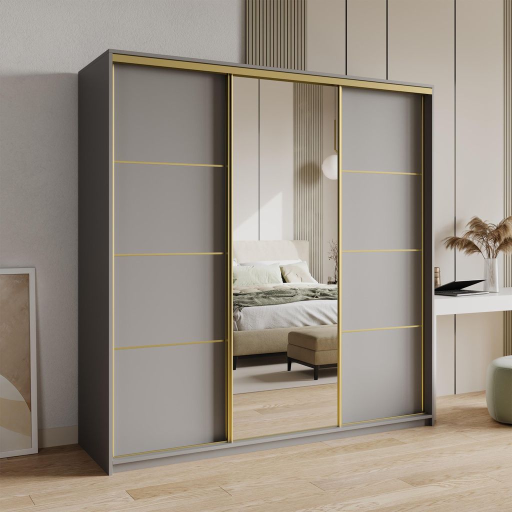 Masseno Schiebetürenschrank VARO 180/205/60 cm Kleiderschrank mit 4 Schubladen Schlafzimmer Schrank 3-türig mit Spiegel Graphitfarben