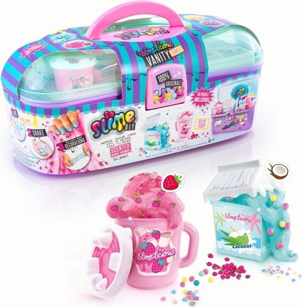 A toy slime making kit and examples of finished slime products.