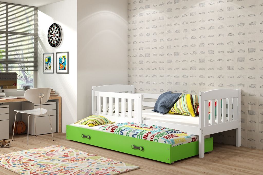 Kinderbett mit Zustellbett und Matratzen 80x190 BRIGID – Weiß / Grün
