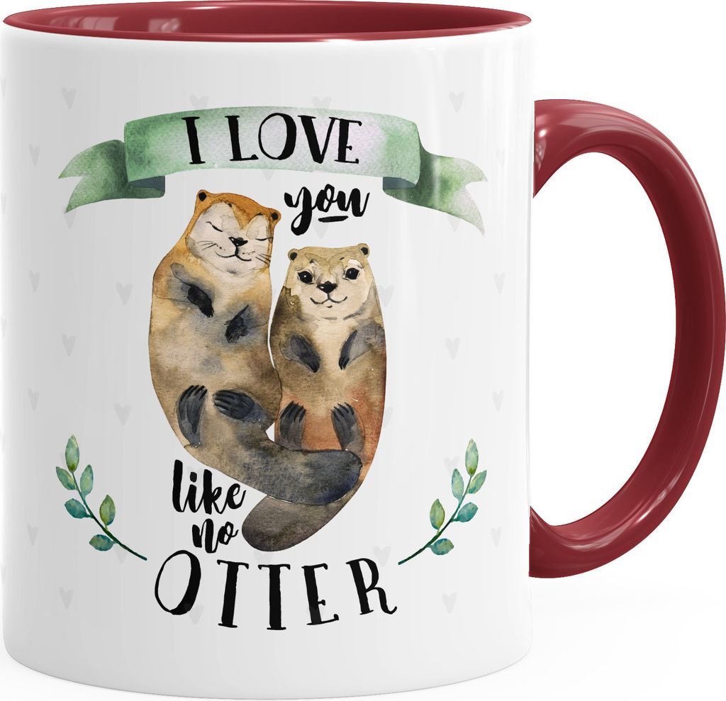 Kaffee-Tasse Otter Pärchen I love you like no otter Geschenk Liebe Spruch Kaffeetasse Teetasse Keramiktasse MoonWorks bordeaux-grün unisize