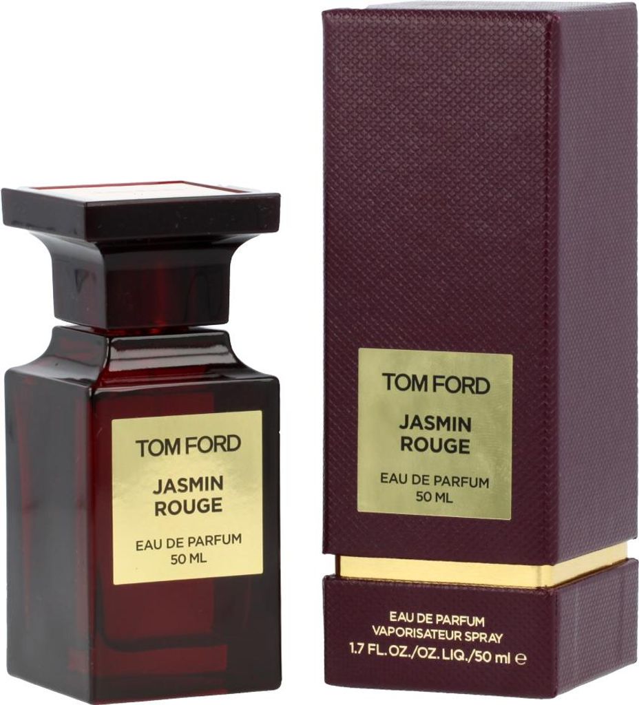 A bottle of Tom Ford Jasmin Rouge perfume and its packaging are displayed side-by-side against a white background.