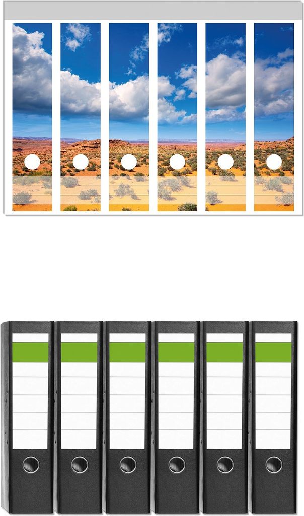 Wallario 6 Stück breite Ordner inkl. Klebeetiketten mit Motive Wüste in Arizona - blauer Himmel mit Wolken I - Set mit Rückenschildern / Ordner...
