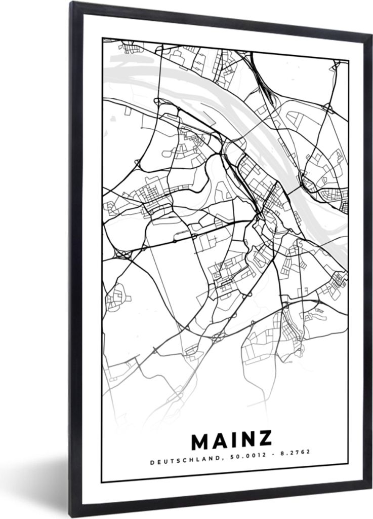 MuchoWow Gerahmtes Poster Karte - Mainz - Stadtplan 40x60 cm - Poster mit Schwarzem Bilderrahmen Wandposter Rahmen Foto Bilder - Papierdruck - Wa...