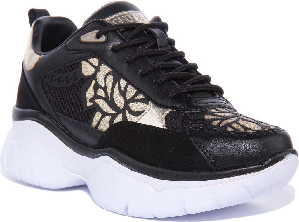 Guess Frauen Schnürung Blumen Druck Klobig Synthetik Turnschuhe Schwarz Gold – undefined / Schwarzes Gold
