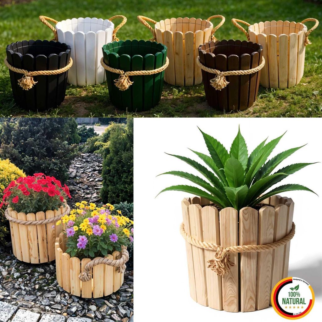 Floranica Runder Blumentopf 20 x 30 cm Unbehandelt Kräutertopf aus Kieferholz für Haus Garten