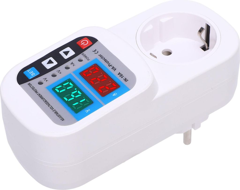 A white voltage protector plug with digital displays and buttons.