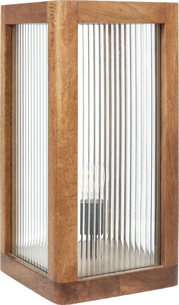 BELIANI Tischlampe Hellbraun Mango-Holz 1-Flammig mit Schirm Geometrisch Glas Rillen-Optik Langes Kabel mit Schalter Rustikal Schlafzimmer Wohnzimmer