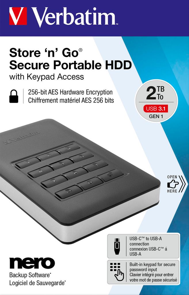 VERBATIM 2,5'' 2TB HDD Secure USB 3.1 mit Tastatur-Zugriff Produktbild 