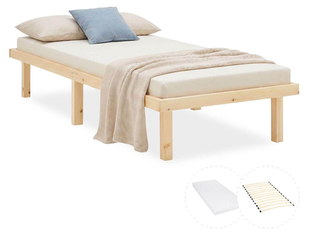 Bettgestell 90x200 cm mit Matratze Holzbett Unbehandelt Obrázek produktu 