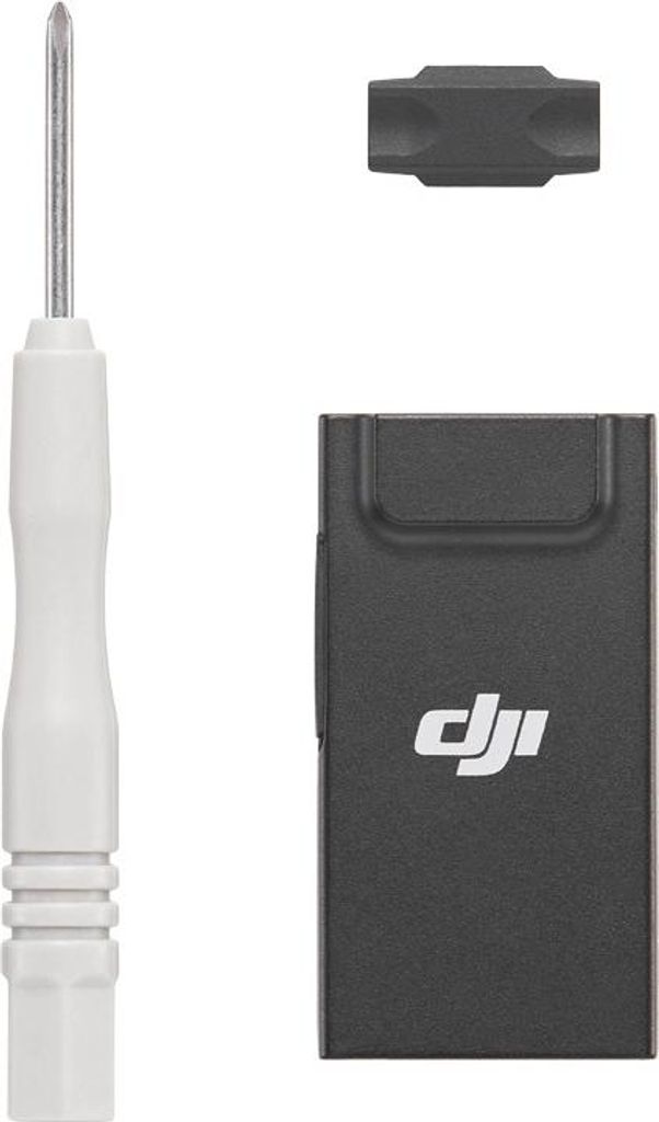 A screwdriver, a small adapter, and a black DJI dongle are arranged on a white background.