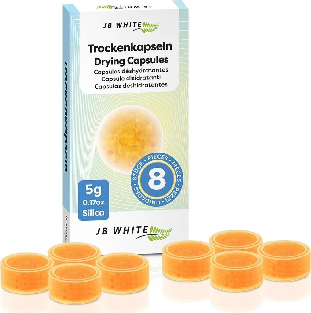 JB White 8 capsule di asciugatura per apparecchi acustici, capsule di asciugatura con indicatore di colore per apparecchi acustici e coppette di asciugatura, compresse di asciugatura per apparecchi acustici (sigillate singolarmente)