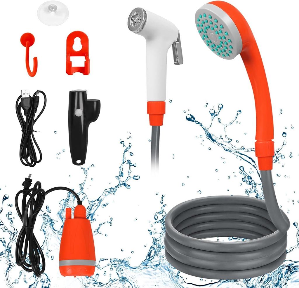 Campingdusche, Camping Dusche mit 2200mAh Akku, Handbrause, Tauchpumpe, USB-Ladekabel, für Reisen Strand Camping Garten Autowäsche