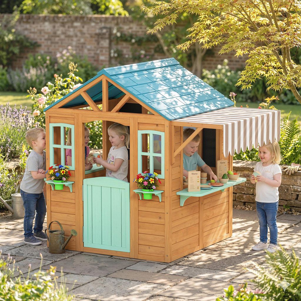 Kinderspielhaus Outdoor Holz, Spielhaus mit Verkaufstheke Kreidetafel Pflanzenkasten, Tannenholz, Mehrfarbig | 142 x 120 x 141,5 cm
