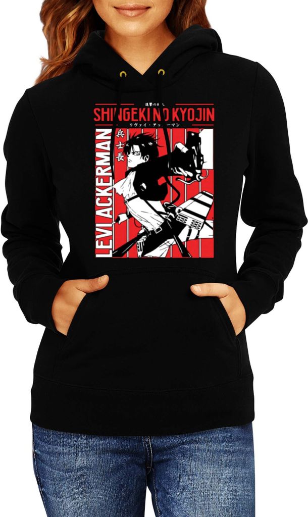 Damen Kapuzenpullover Japan Manga Anime Comics Attack Anime On Titan Levi Ackerman, Lady 2XL / Schwarz