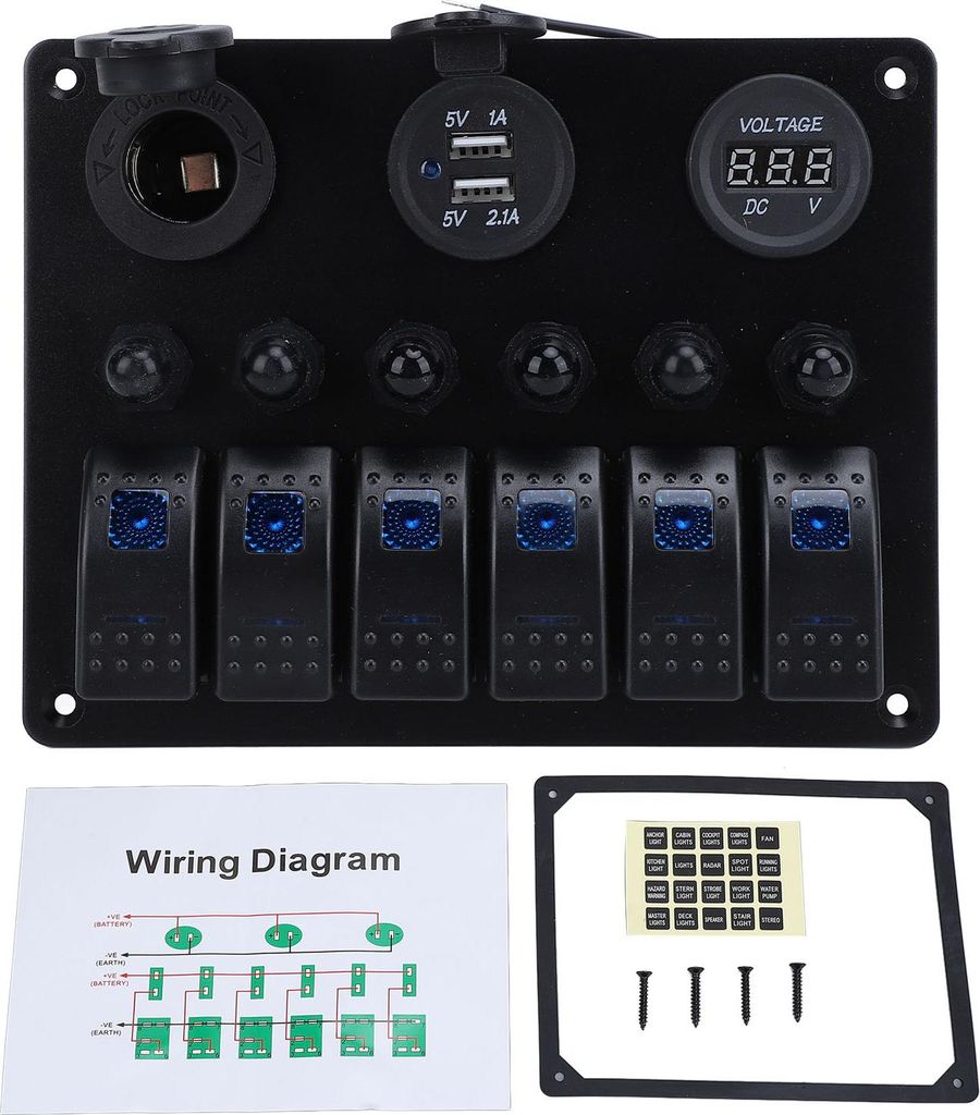 Blaues Licht DC 12-24 V 6-Gang-Wippschalterfeld Überlastschutz Dual-USB-Ladegerät mit digitaler Voltmeteranzeige für Boote Yachten Autos Wohnmob...