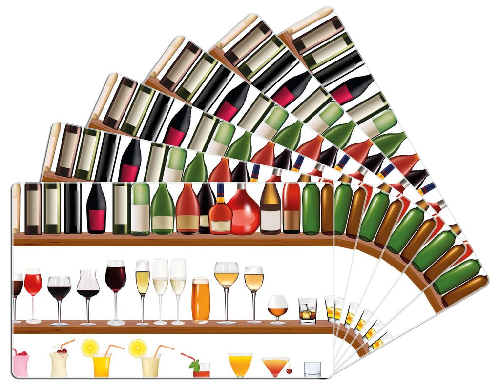 Wallario Frühstücksbrettchen 6er Set aus Glas, je 14 x 23 cm, mit rutschfesten Füßen, Motiv Schnapsregal mit vielen bunten Flaschen