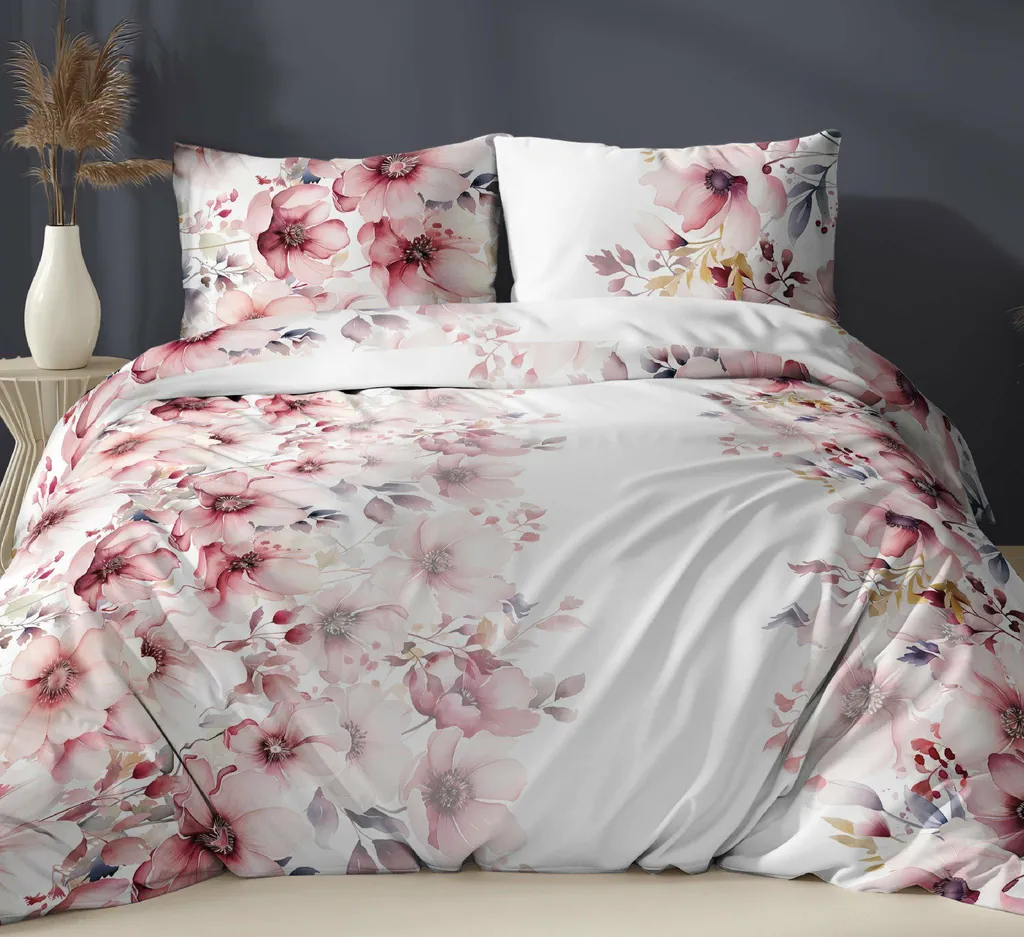 Parure de lit fleurs 160x200 en satin rose et blanc pour lit 2 places