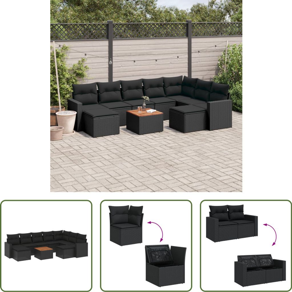 The Living Store 10-tlg. Garten-Sofagarnitur mit Kissen Schwarz Poly Rattan