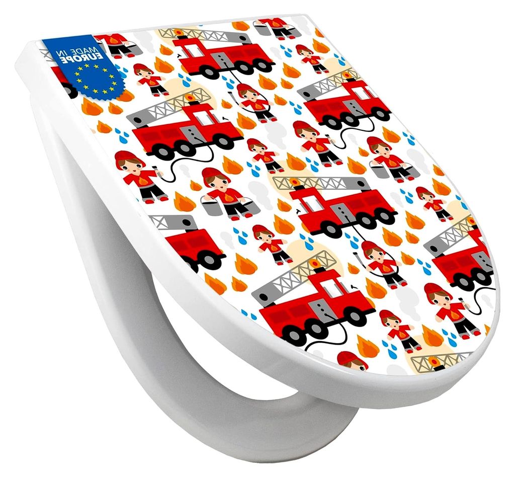 WC-Sitz mit Absenkautomatik in D-Form - Toilettendeckel mit Softclose - stabile Klobrille - Toilettensitz in Weiß - Feuerwehrmotiv