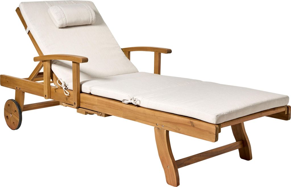 BELIANI Gartenliege Hellbraun u. Hellbeige Akazienholz Verstellbar Rollbar Sonnenliege mit Tisch und Auflage Terrasse Garten Balkon Modernes Design