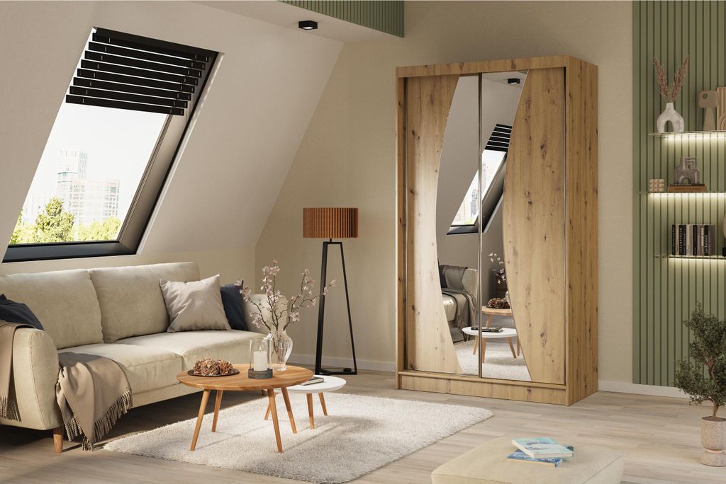 Schiebetürenschrank 120 cm Flow mit Spiegel und Schubladen Kleiderschrank mit Schiebetüren und Spiegel in Farbe Eiche Artisan Moderner Kleidersch...