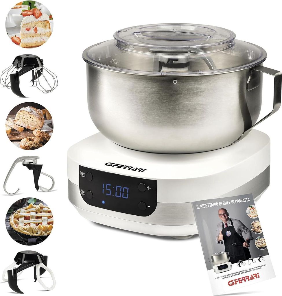 G3 Ferrari G20145 Gourmet Knetmaschine, 1500 Watt, 5 Liter, Edelstahlschüssel mit Griff, Digitalanzeige, Geschwindigkeiten, Timer, inklusive