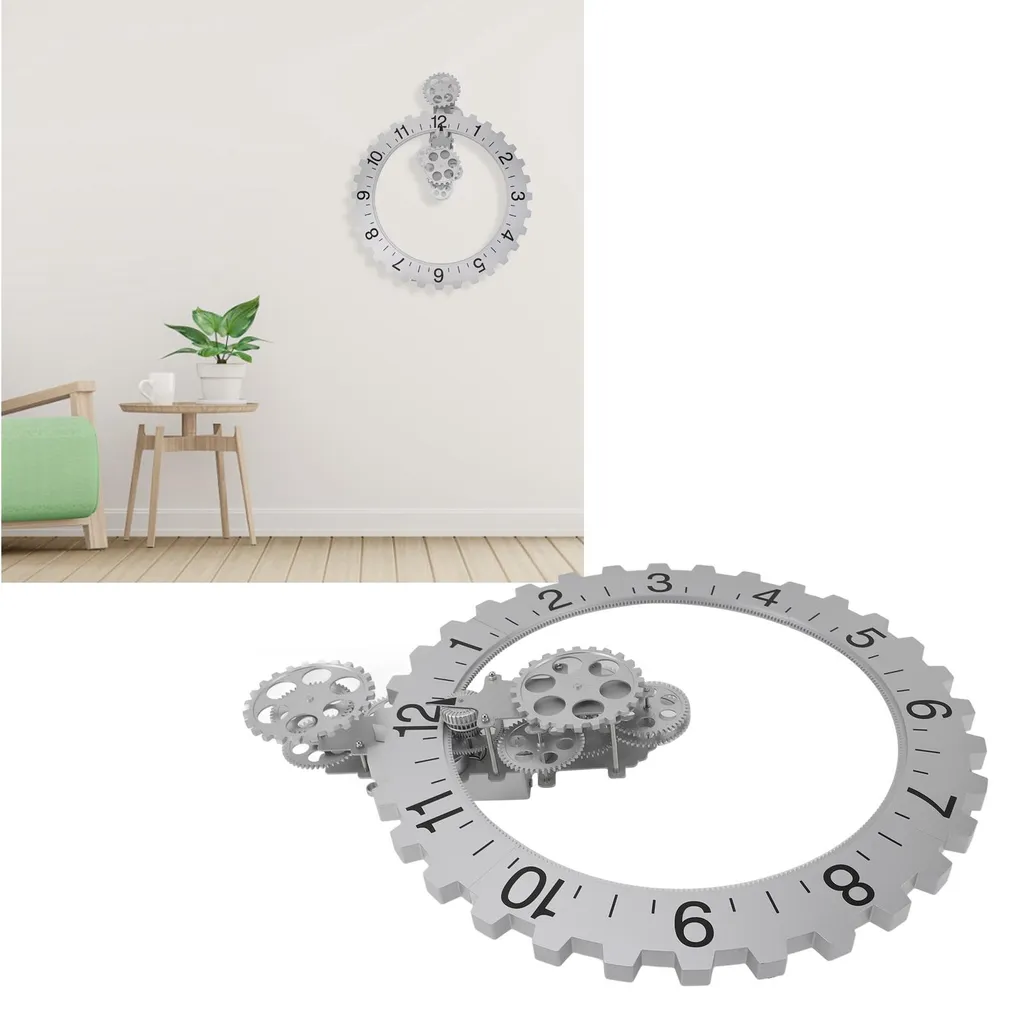 Pendule murale rotative avec roues dentées apparentes décor argent